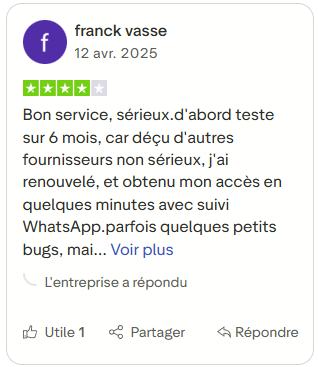 Avis client mettant en avant le sérieux du service, la rapidité d’accès et le bon suivi après renouvellement.